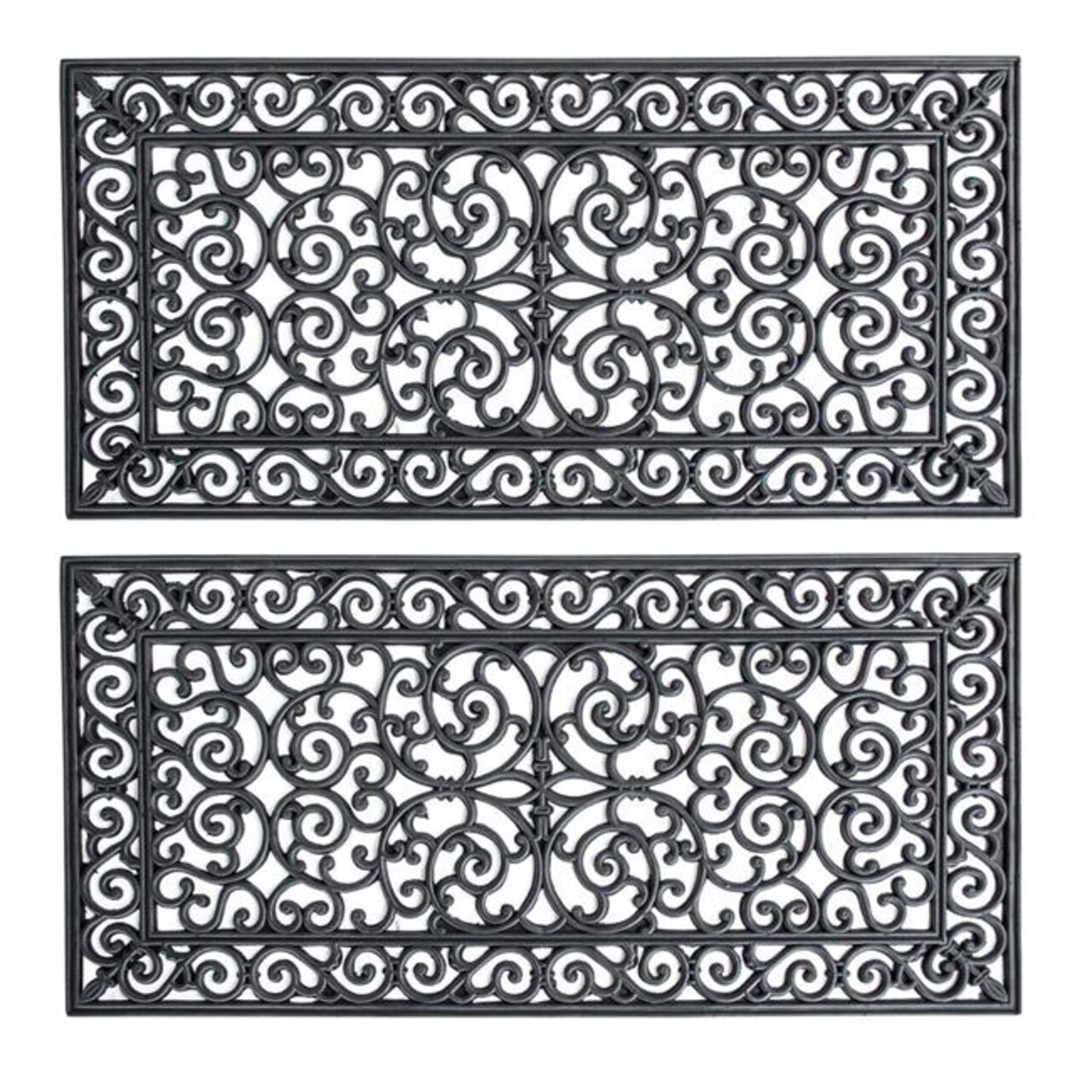 AmeriHome RMATDE42-2PK 4 x 2 ft. Decorative Scrollwork Entryway Rubber Door Mat, Black - Pack of 2
